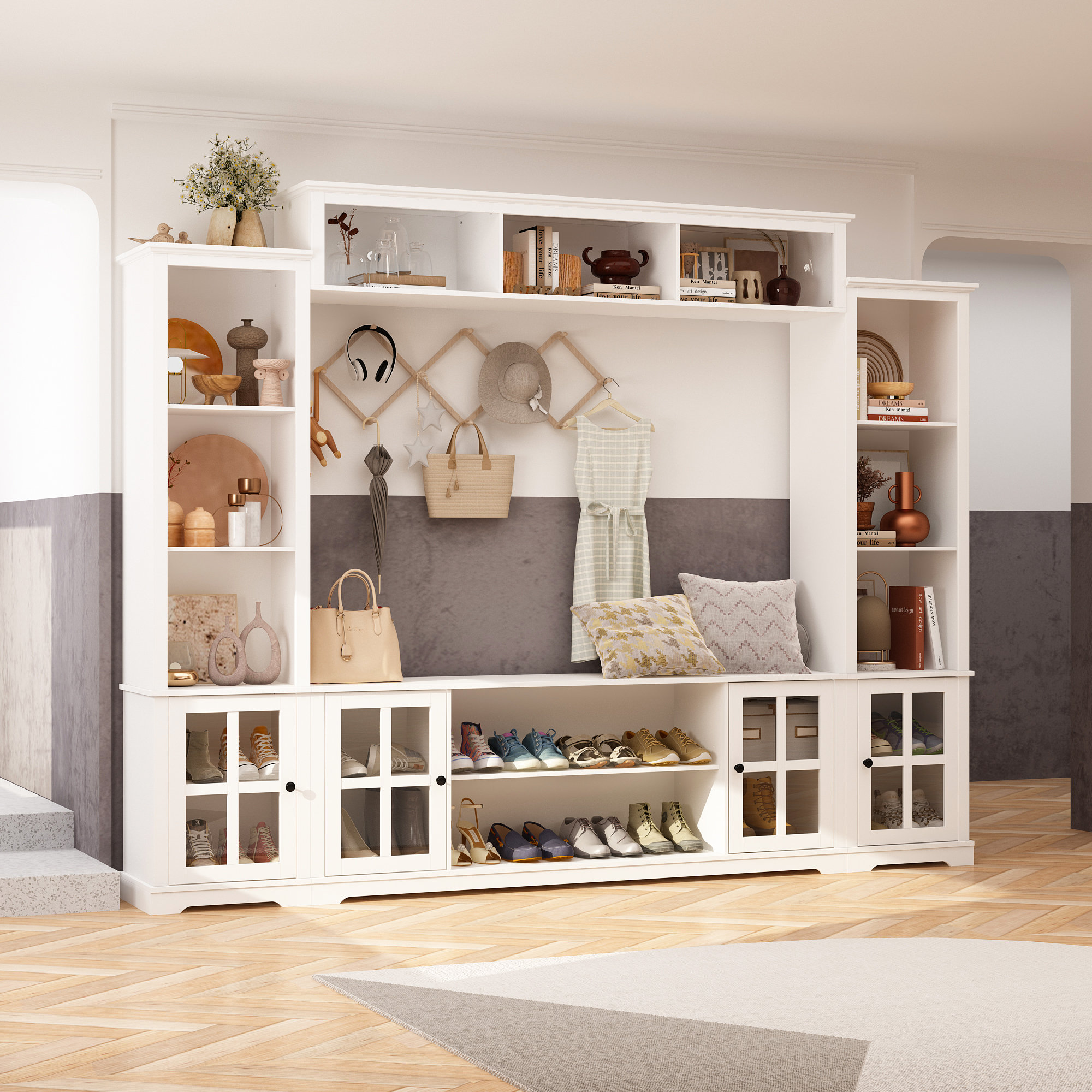 Wildon Home® 102" Wide Entryway Hall Tree With Multi Shelves And Glass